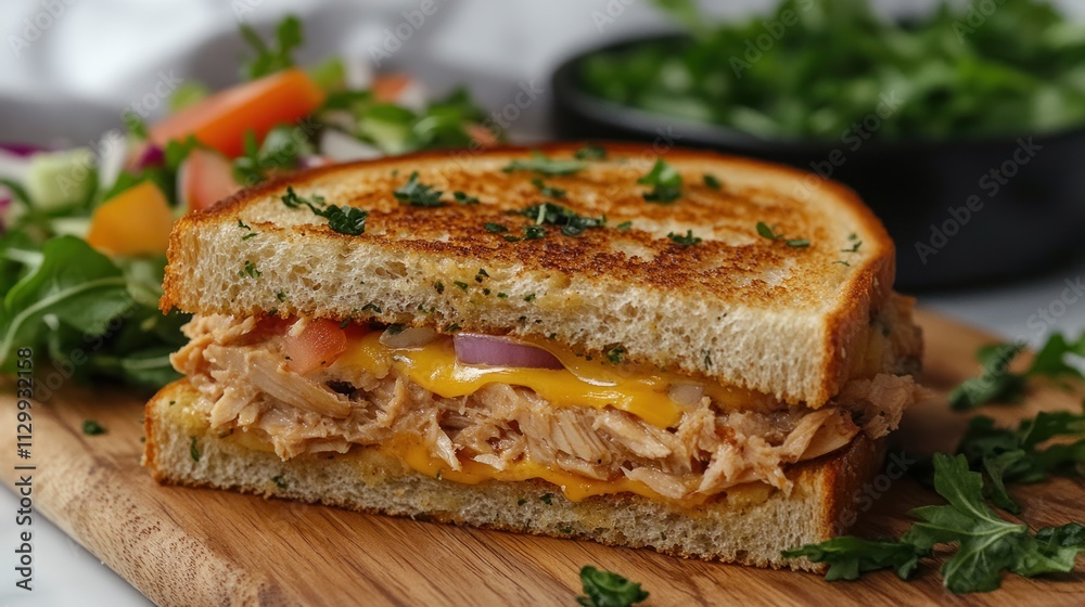 A delicious grilled sandwich filled with chicken, cheese, and vegetables, served with a side salad.