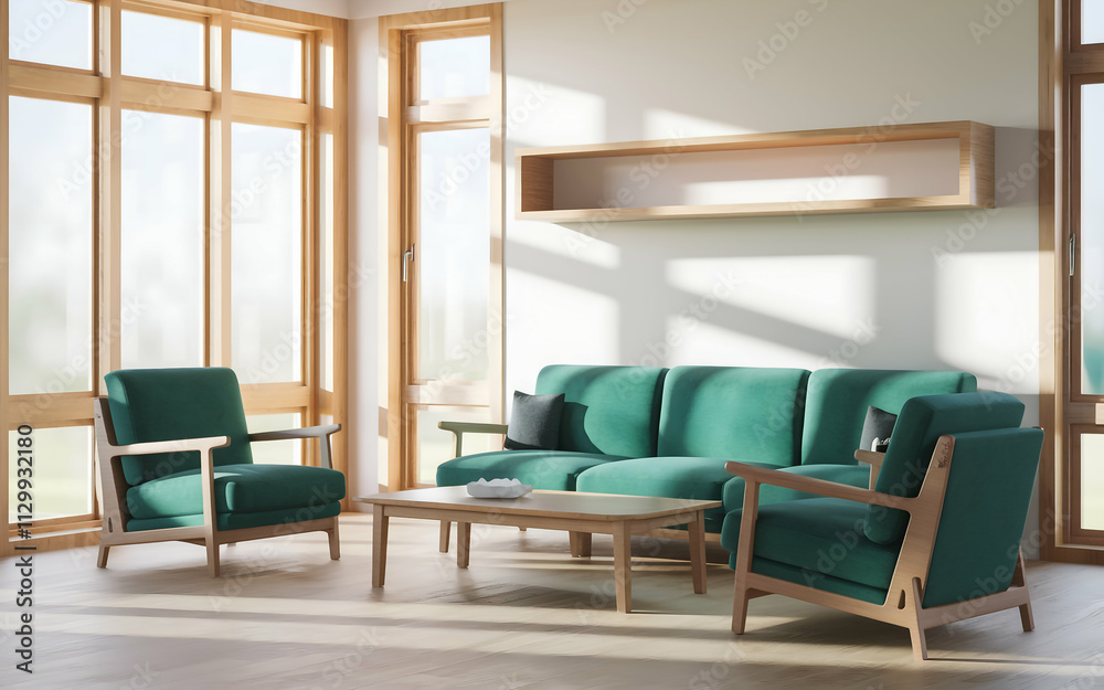 modern living room with a large green sofa and two green armchairs. The room has wooden , including a wooden coffee table and a bookshelf. There is a potted plant near the window. modern living room with a large green sofa and two green armchairs. The room has wooden , including a wooden coffee table and a bookshelf. There is a potted plant near the window.