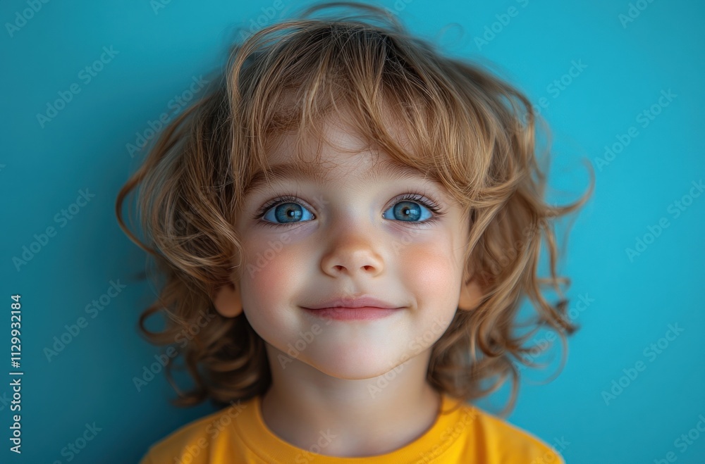 Cheerful Child in Yellow Shirt on Blue Background Cheerful Child in Yellow Shirt on Blue Background