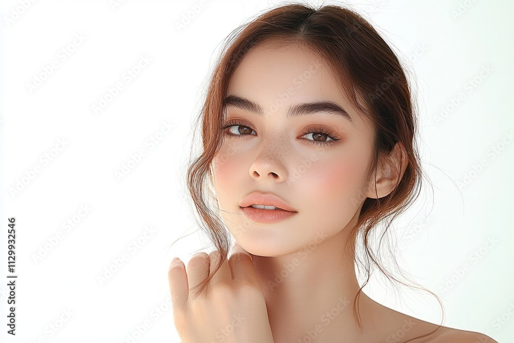 Beautiful young Asian woman with fresh skin on white background, skincare, beauty treatment, facial care, cosmetology, healthy skin, portrait photography Beautiful young Asian woman with fresh skin on white background, skincare, beauty treatment, facial care, cosmetology, healthy skin, portrait photography
