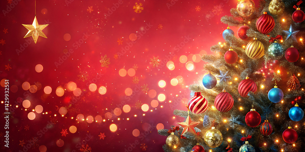 red christmas background decorated with christmas ornaments