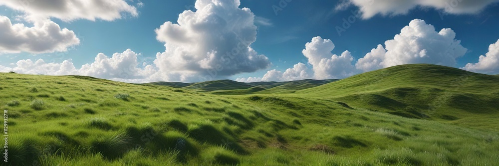 Rolling hills covered in lush green grass under a bright blue sky dotted with fluffy white cumulus clouds, countryside, meadow Rolling hills covered in lush green grass under a bright blue sky dotted with fluffy white cumulus clouds, countryside, meadow