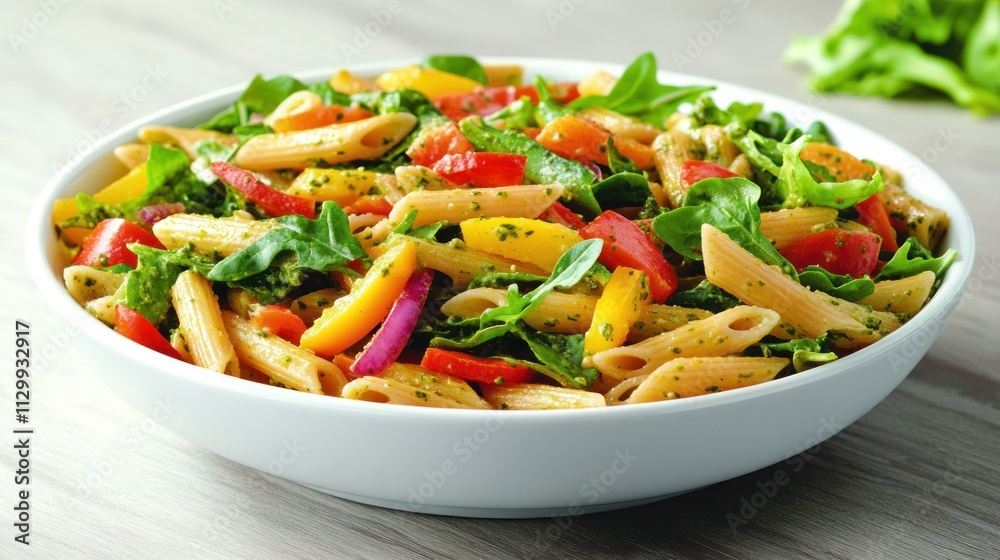 A vibrant pasta salad with colorful vegetables and greens in a white bowl. A vibrant pasta salad with colorful vegetables and greens in a white bowl.