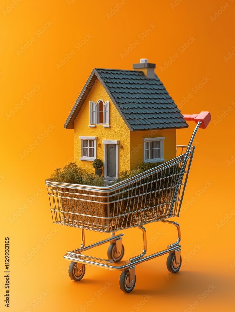 Miniature house sits in shopping cart on orange background. Concept of buying property. Real estate listing. Simple design highlights home buying selling idea. Modern creative concept of real estate. Miniature house sits in shopping cart on orange background. Concept of buying property. Real estate listing. Simple design highlights home buying selling idea. Modern creative concept of real estate.