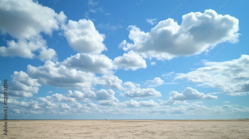 Fluffy clouds drift across the vast blue sky above a sandy beach, stretching towards the distant horizon. Drift. Illustration Fluffy clouds drift across the vast blue sky above a sandy beach, stretching towards the distant horizon. Drift. Illustration