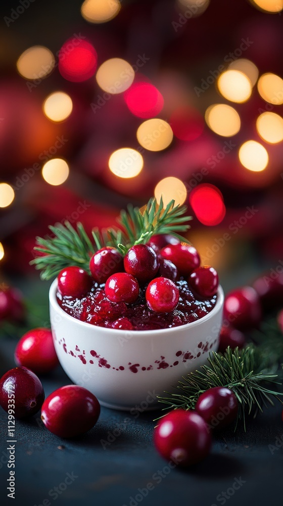 A festive bowl of cranberry sauce garnished with fresh cranberries and pine, set against a bokeh background. A festive bowl of cranberry sauce garnished with fresh cranberries and pine, set against a bokeh background.