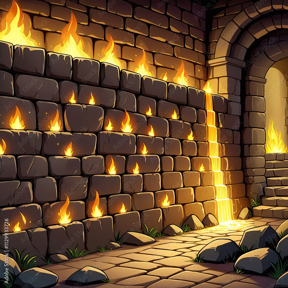 Obraz premium A stone wall with flames protruding from the gaps between bricks. A golden waterfall flows down the wall to a cobblestone pathway with scattered rocks.