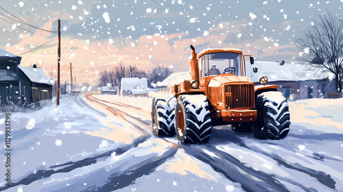 Having a good time on the winter road. tracktor tires on snowy alley at the start of the day. Drift. Illustration photo