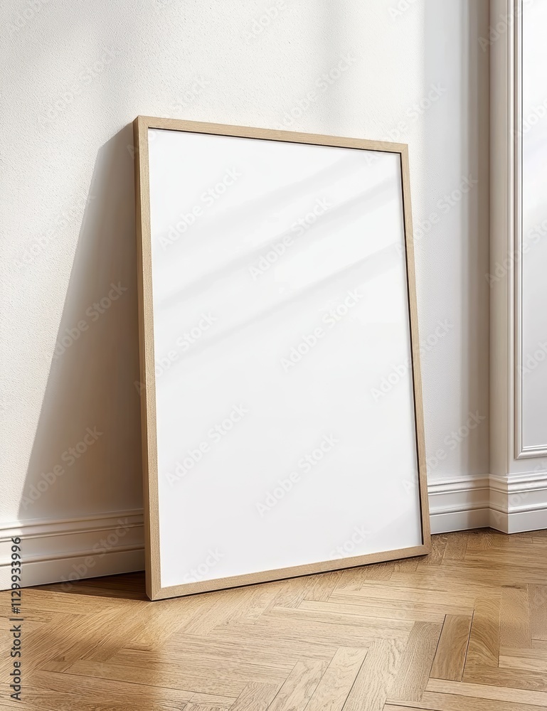 Minimalist White Canvas Mockup Against White Wall on Wooden Herringbone Floor Minimalist White Canvas Mockup Against White Wall on Wooden Herringbone Floor