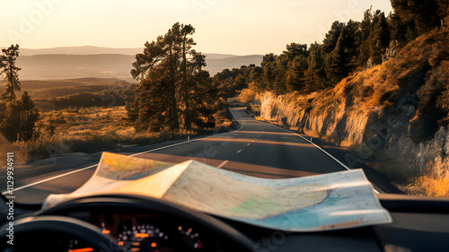 Scenic drive with a map at sunset.