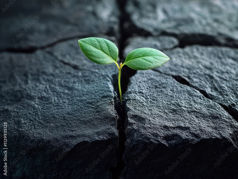 Naklejka premium Green plant breaking through stone cracked surface symbolizing renewal resilience growth and new life