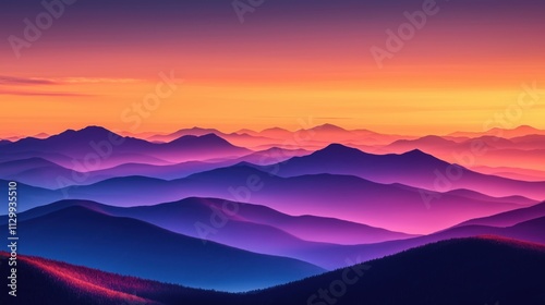 Colorful mountain ranges at sunset. Vivid hues of sunset paint sky, mountains. Majestic mountain silhouettes. Serene nature landscape. Perfect for backgrounds wallpapers. Nature lovers enjoy. Calm,