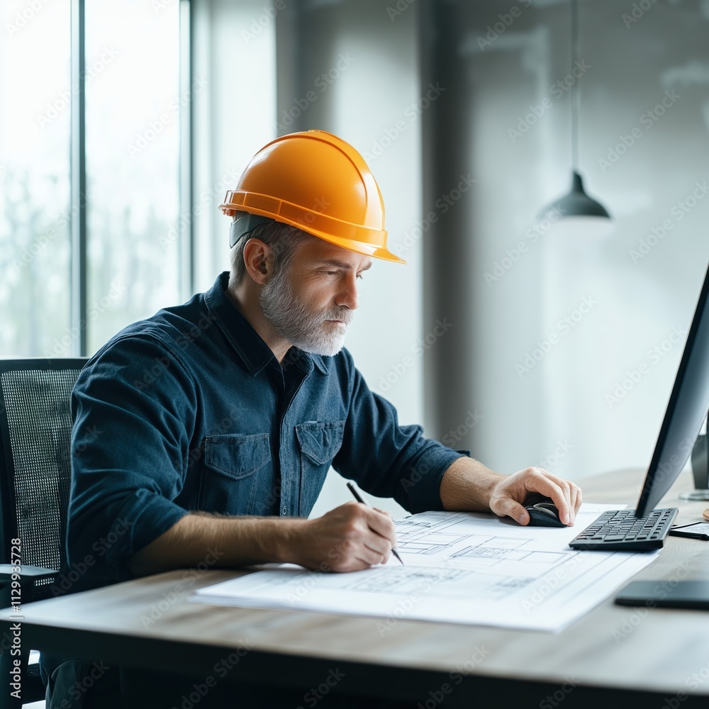 Engineer reviews construction drawing. Real estate project manager works on computer, construction plans. Project planning, admin site management. Man with safety helmet in office. Focused on Engineer reviews construction drawing. Real estate project manager works on computer, construction plans. Project planning, admin site management. Man with safety helmet in office. Focused on