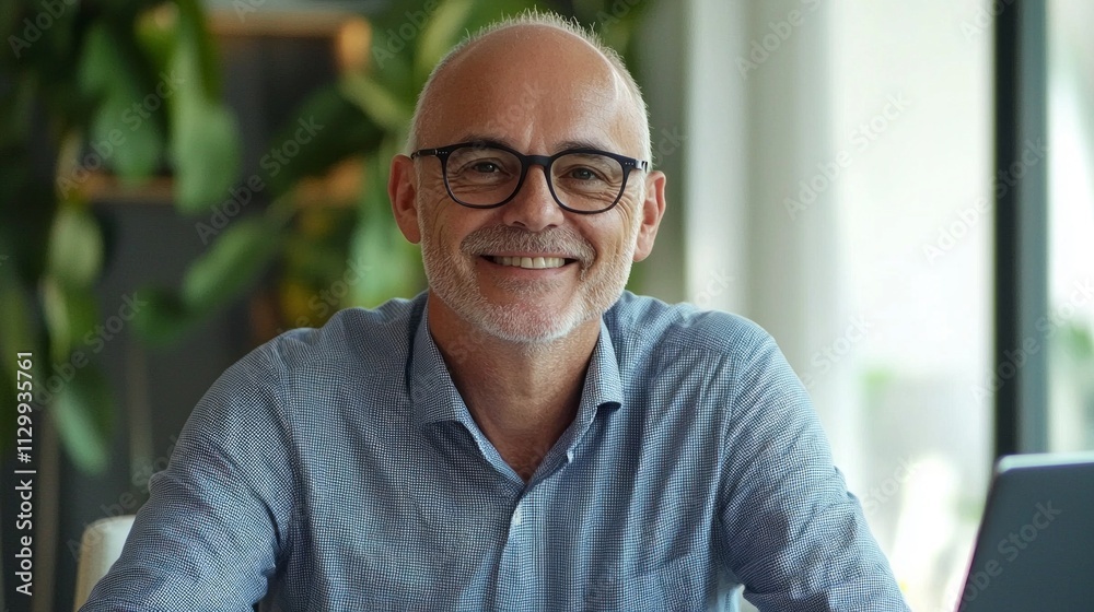 Fototapeta premium A cheerful middle aged professional sits confidently at his desk, surrounded by lush greenery and bright natural light