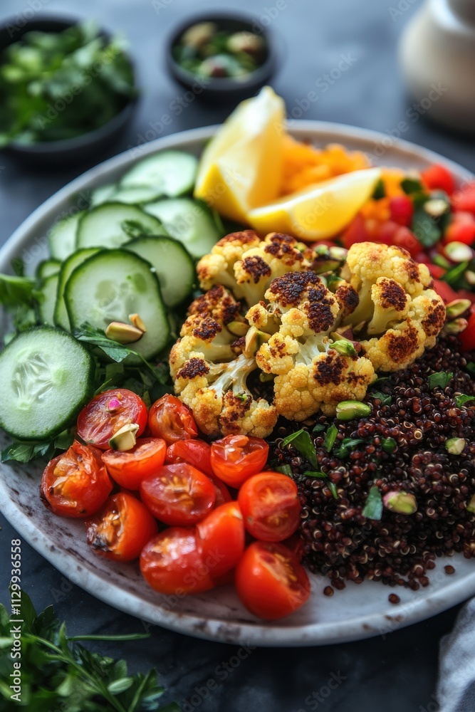 A vibrant platter of roasted vegetables, quinoa, and fresh herbs, ideal for a healthy meal. A vibrant platter of roasted vegetables, quinoa, and fresh herbs, ideal for a healthy meal.