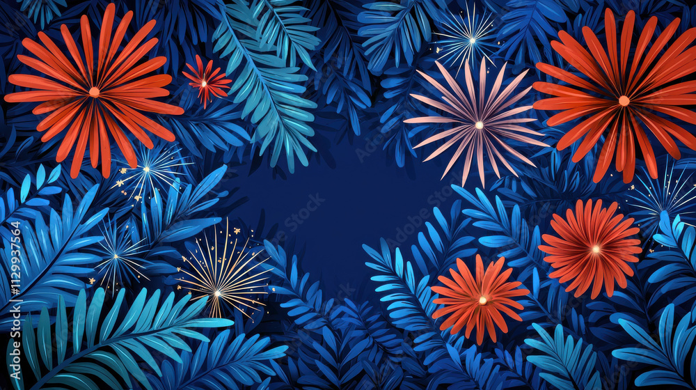 Vibrant floral design with fireworks and lush foliage background Vibrant floral design with fireworks and lush foliage background