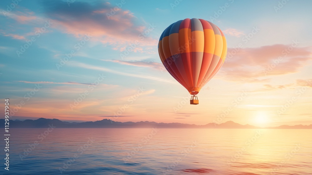 Obraz premium Airline ads travel concept. A colorful hot air balloon floats over a serene ocean at sunset, creating a breathtaking scene.