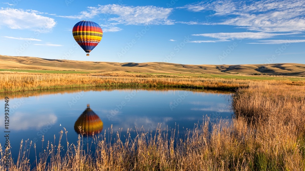 Obraz premium Airline ads travel concept. A vibrant hot air balloon floats above a tranquil pond surrounded by golden grasses under a clear blue sky.