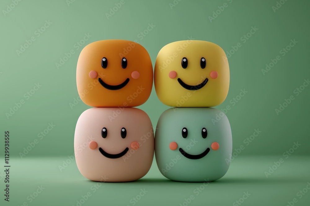 Four happy emoji faces in vibrant colors stacked on plain green background. Positive feedback, glowing ratings suggested. Joyful expression, colorful design conveys customer satisfaction, enthusiasm.