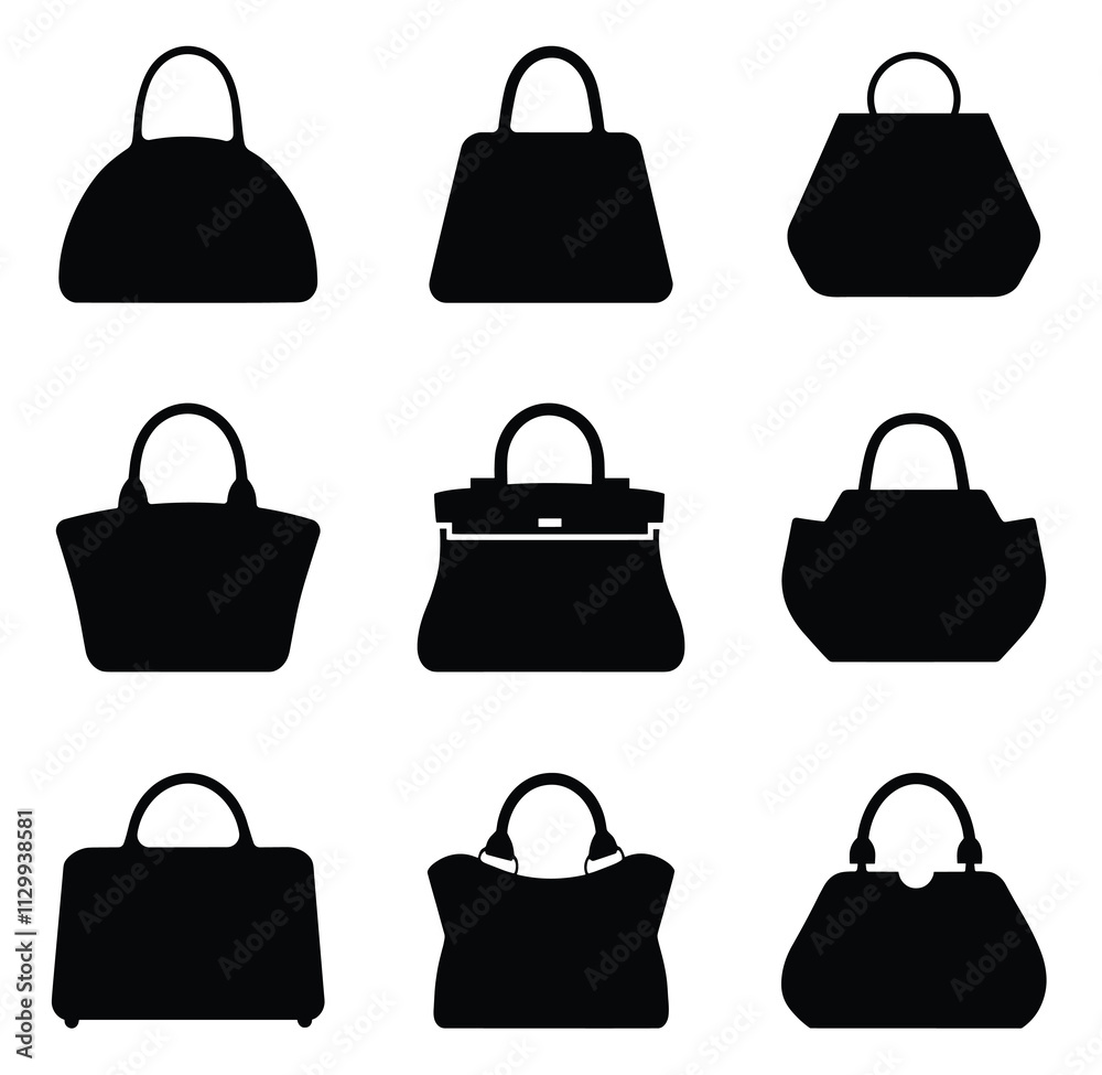 Set of stylish women's handbag silhouettes. isolated vector on white background. Set of stylish women's handbag silhouettes. isolated vector on white background.