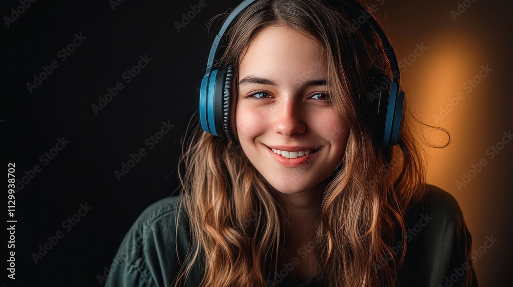 Happy English woman with soft blue headphones on dark background Happy English woman with soft blue headphones on dark background