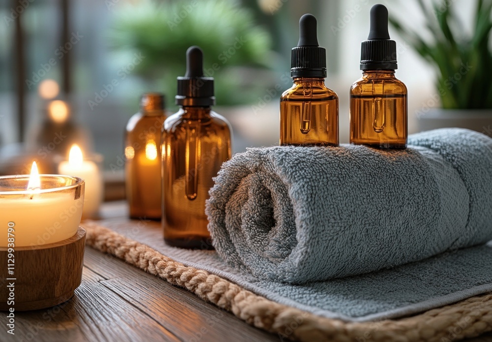 Essential Oil Bottles in Spa Setting with Natural Light for Skincare and Wellness Therapy Essential Oil Bottles in Spa Setting with Natural Light for Skincare and Wellness Therapy