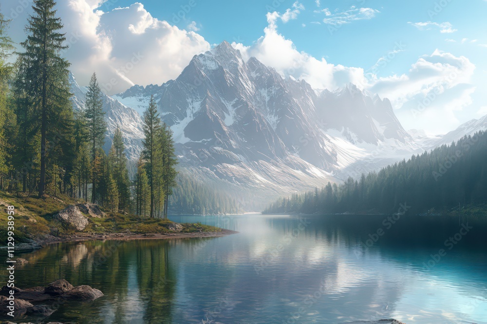 A crystal-clear lake reflecting a towering mountain and the surrounding forest, creating a picturesque and peaceful view. A crystal-clear lake reflecting a towering mountain and the surrounding forest, creating a picturesque and peaceful view.