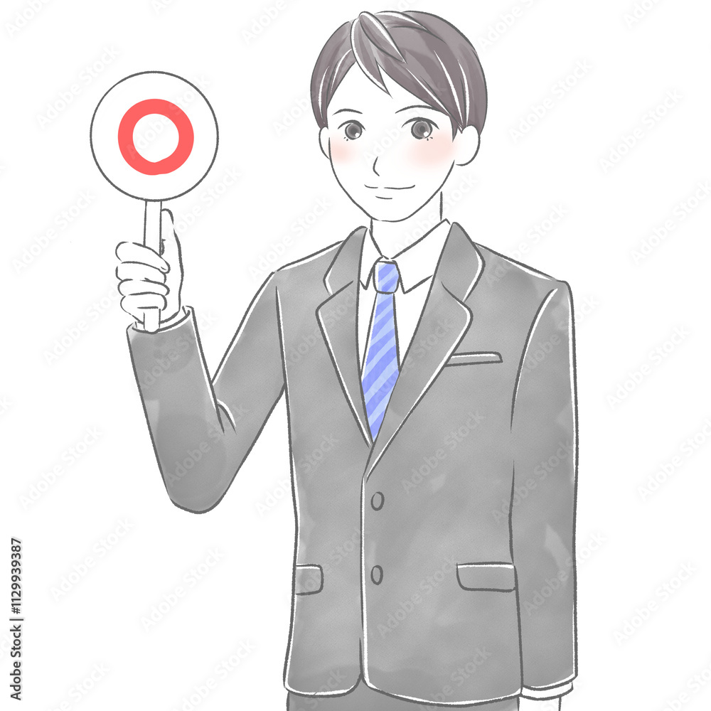 微笑んで正解のプレートを持つ男性新入社員の水彩風イラスト 微笑んで正解のプレートを持つ男性新入社員の水彩風イラスト