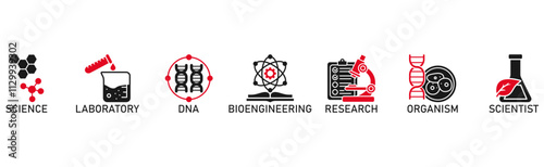 Biotechnology banner web icon vector illustration concept with icon of science, laboratory, dna, bioengineering, research, organism, and scientist
