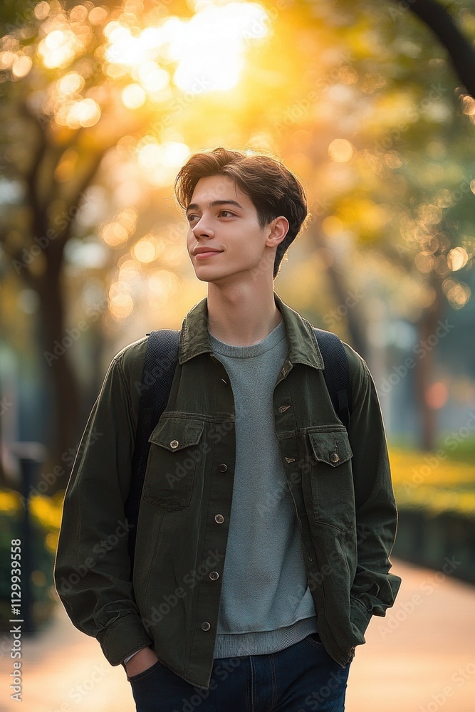 Young man walking in urban park with backpack in soft-focus style under natural daylight