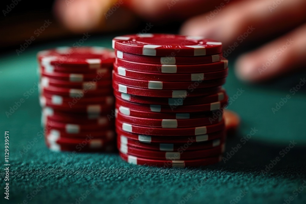 Close-up Hands Stacking Red Poker Chips on Green Felt Table High-Stakes Gambling Casino Scene Close-up Hands Stacking Red Poker Chips on Green Felt Table High-Stakes Gambling Casino Scene