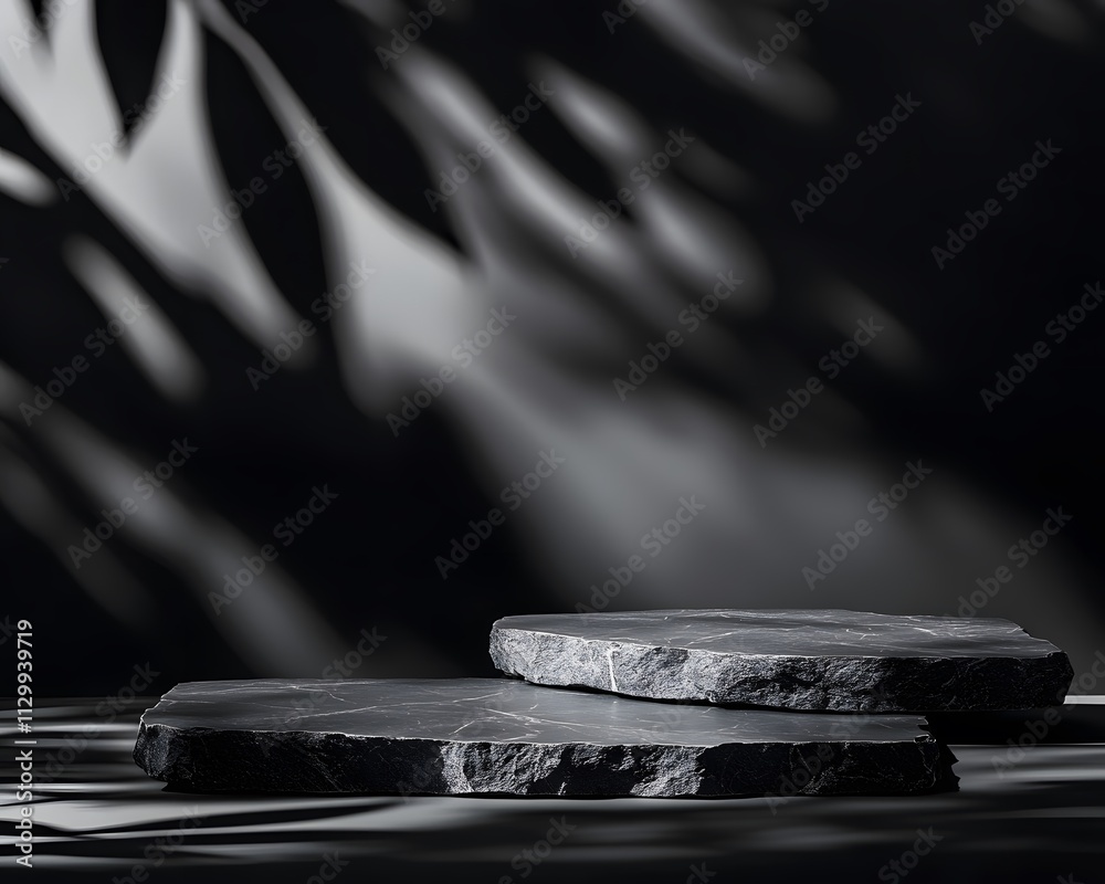 Obraz premium Two dark stone slabs with soft shadows creating an artistic, minimalist composition.