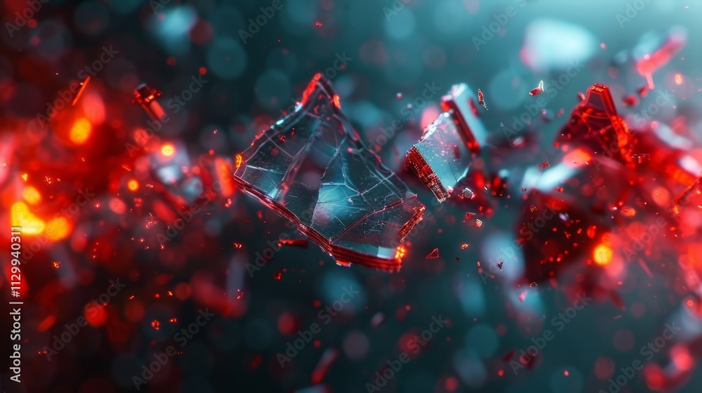 Shattered red glass fragments explode in a dark background with bokeh effect. Shattered red glass fragments explode in a dark background with bokeh effect.