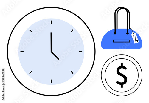 Clock face with black hands and a blue center, blue handbag with a price tag, and dollar sign coin. Ideal for business, finance, retail, shopping, time management, budgeting and financial education