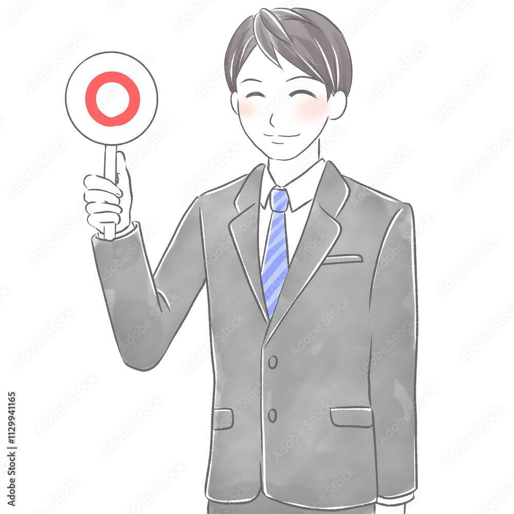 笑顔で正解のプレートを持つ男性新入社員の水彩風イラスト