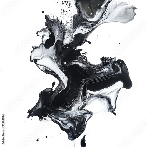 Isolated splash of liquid creating dynamic motion with ink and water, blending patterns and textures in an artistic design