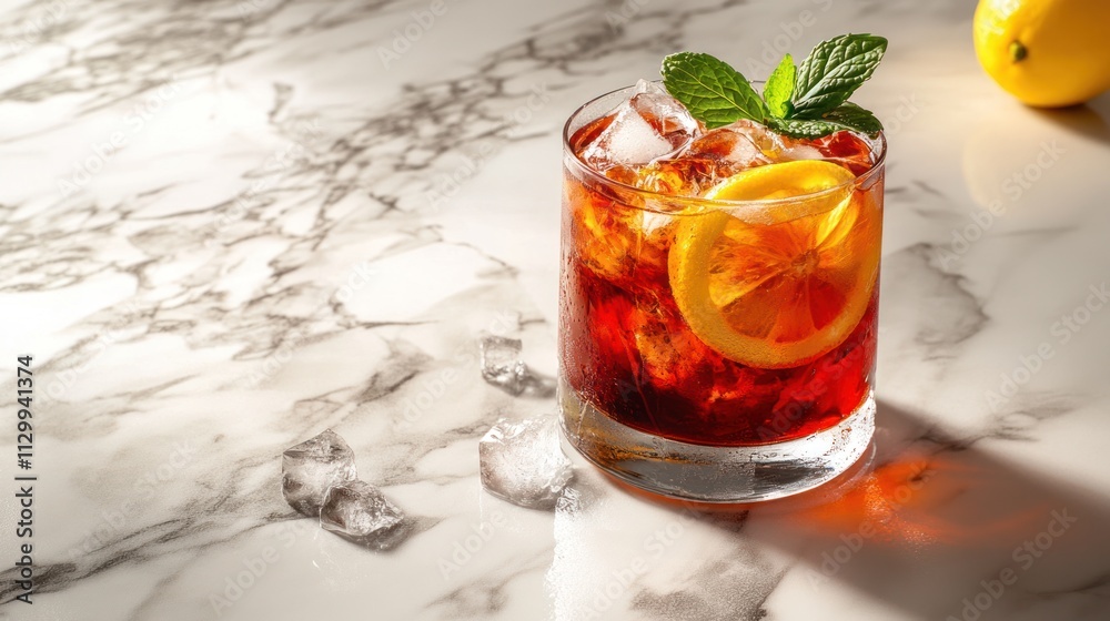 A refreshing drink with lemon and mint served on a marble surface. A refreshing drink with lemon and mint served on a marble surface.
