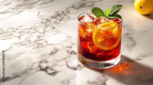 A refreshing drink with lemon and mint served on a marble surface. photo