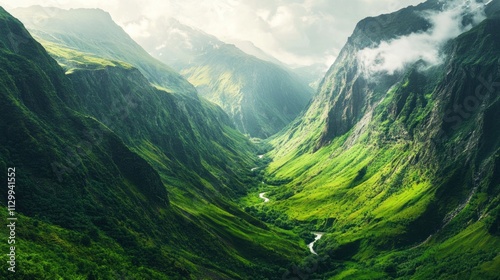 Serene Mountain Valley: A Breathtaking Panorama of Lush Green Slopes and Winding River photo