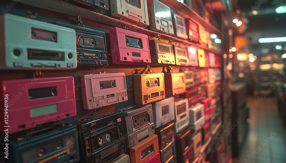 Retro wall with old audio cassette tapes in warm cozy lighting Retro wall with old audio cassette tapes in warm cozy lighting