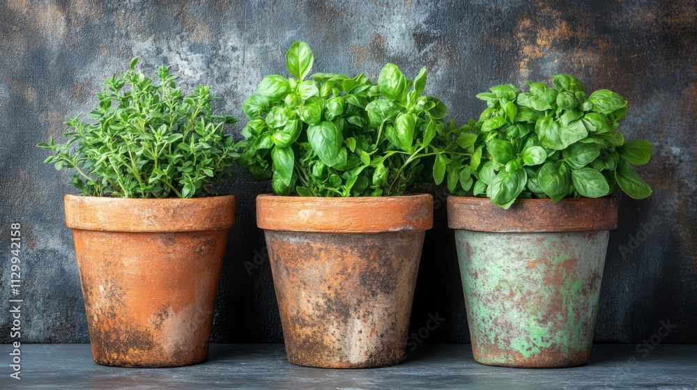 Indoor Herb Gardening Thriving Green Plants in Rustic Pots Home Environment Close-Up Concept for Modern Decor