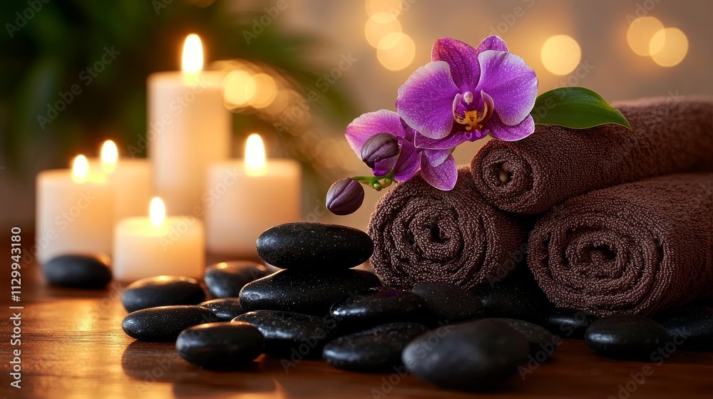 Spa Setting with Stones Candles Orchid Towels Relaxation Beauty Treatment Wellness Spa Setting with Stones Candles Orchid Towels Relaxation Beauty Treatment Wellness