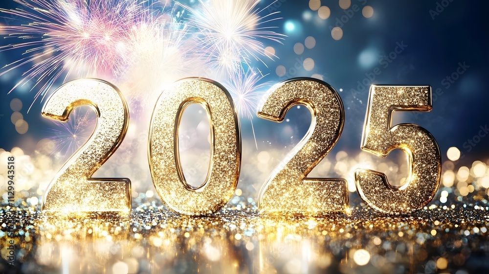 2025 New Year Celebration - Golden Numbers And Fireworks At Eve Night With Abstract Defocused Bokeh Lights,


