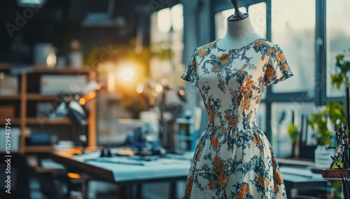 Floral Dress on a Mannequin in a Sewing Studio