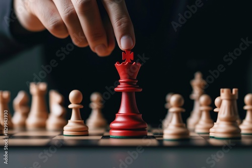 Leader places red queen strategically on chessboard. Teammates in background. Focus on leadership strategy. Planning, implementing solutions in business project management. Winning moves, solutions.