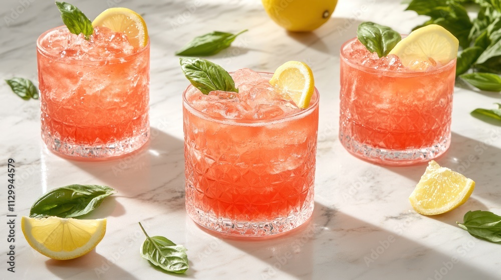 Three refreshing cocktails with ice, lemon, and basil on a marble surface. Three refreshing cocktails with ice, lemon, and basil on a marble surface.