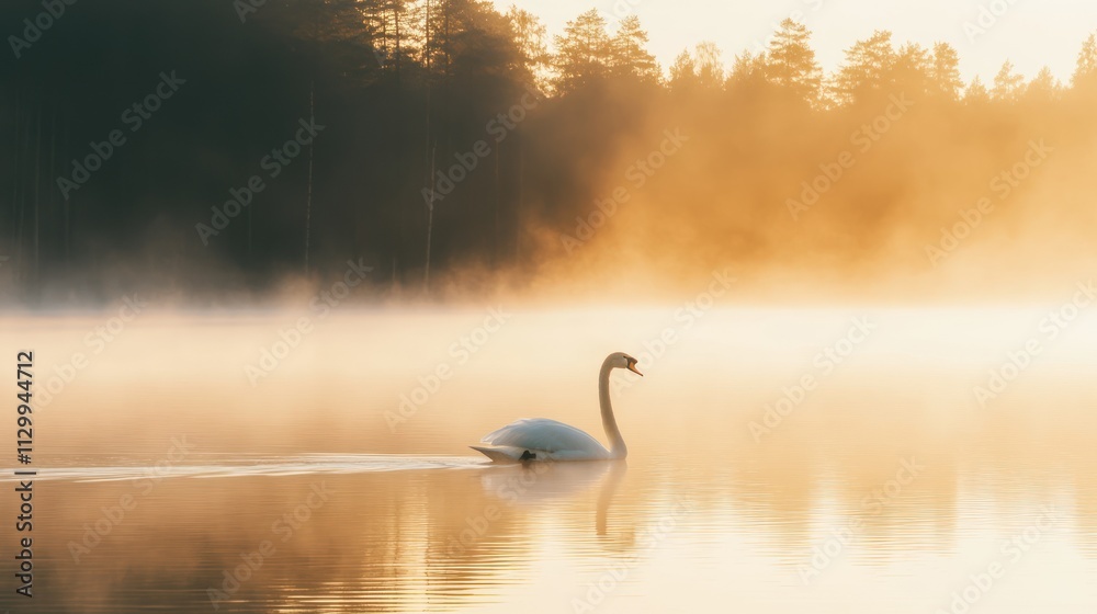 Fototapeta premium Serene Swan Swimming in Misty Sunrise Lake