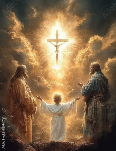 Holy Family in Chiesa di San Giuliano, Vicenza - Child in White Robe, Figures in Historical Robes, Chiaroscuro Lighting, Glowing Cross, Ethereal Clouds photo