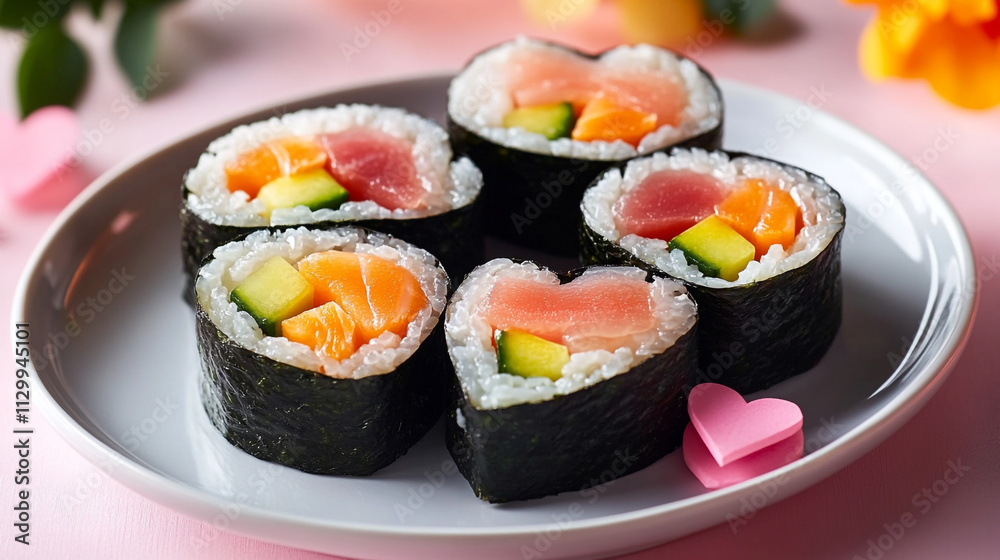 Heart-shaped sushi rolls for a romantic Valentine's Day celebration Heart-shaped sushi rolls for a romantic Valentine's Day celebration