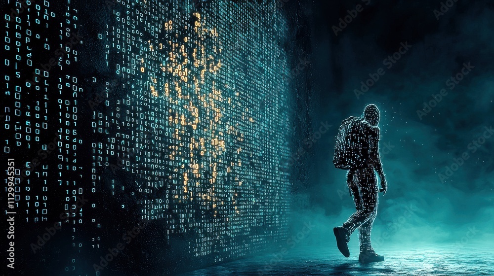 Obraz premium Illuminating binary code projection digital wall visual art urban environment perspective of a figure futuristic concept